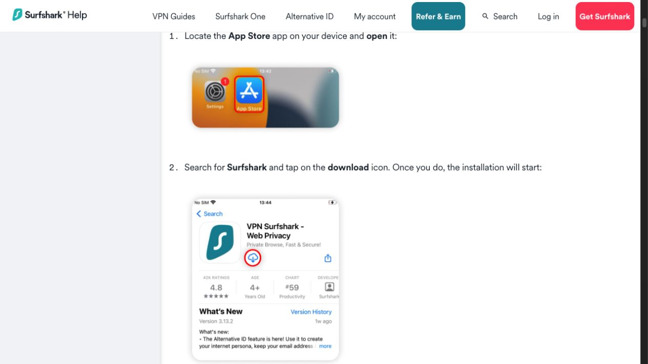 Surfshark iPhone/iPad 安裝及連線教學(2026) 1 Surfshark iPhone App Store 開啟及搜尋步驟官方截圖