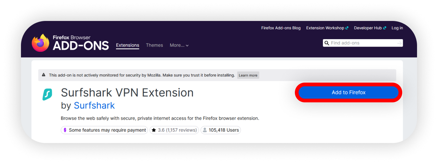 Surfshark Firefox Extension 安裝及使用教學:登入、連線及換地區(2026) 1 Firefox Add-ons Surfshark VPN Extension 官方截圖