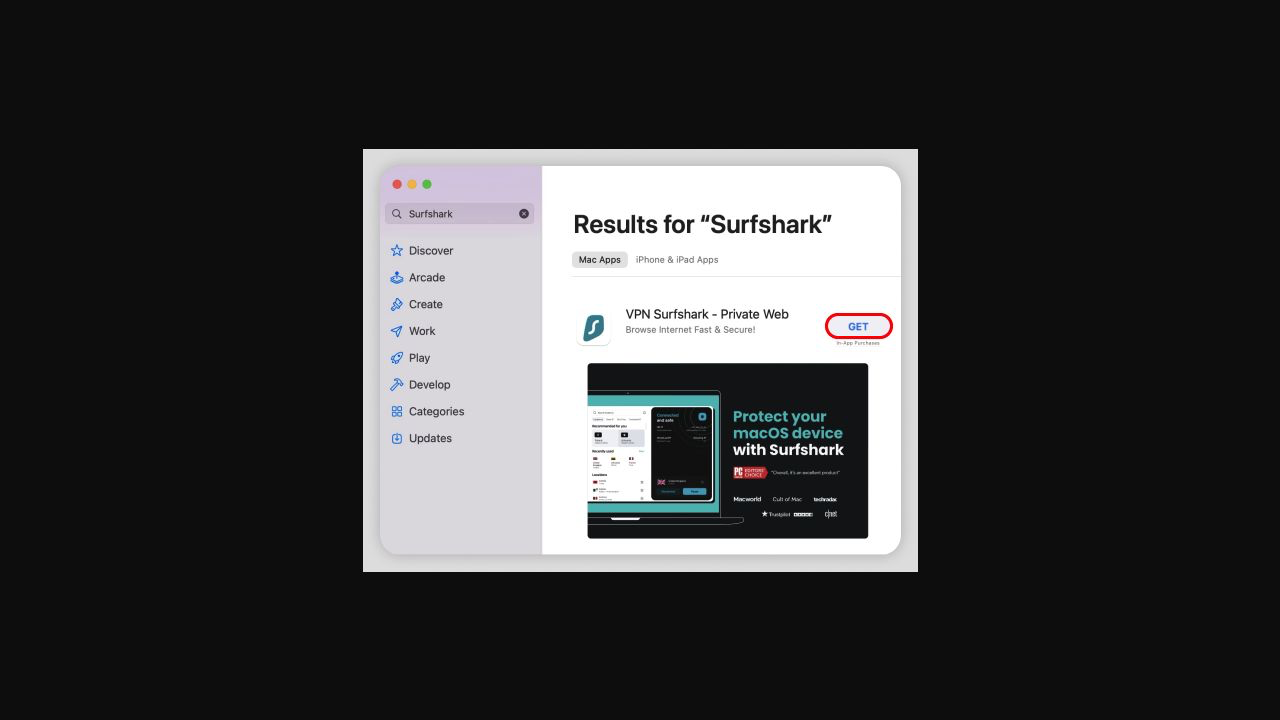 Surfshark Mac 下載安裝教學:macOS 完整步驟(2026) 1 在 Mac App Store 搜尋 Surfshark VPN 的真實畫面