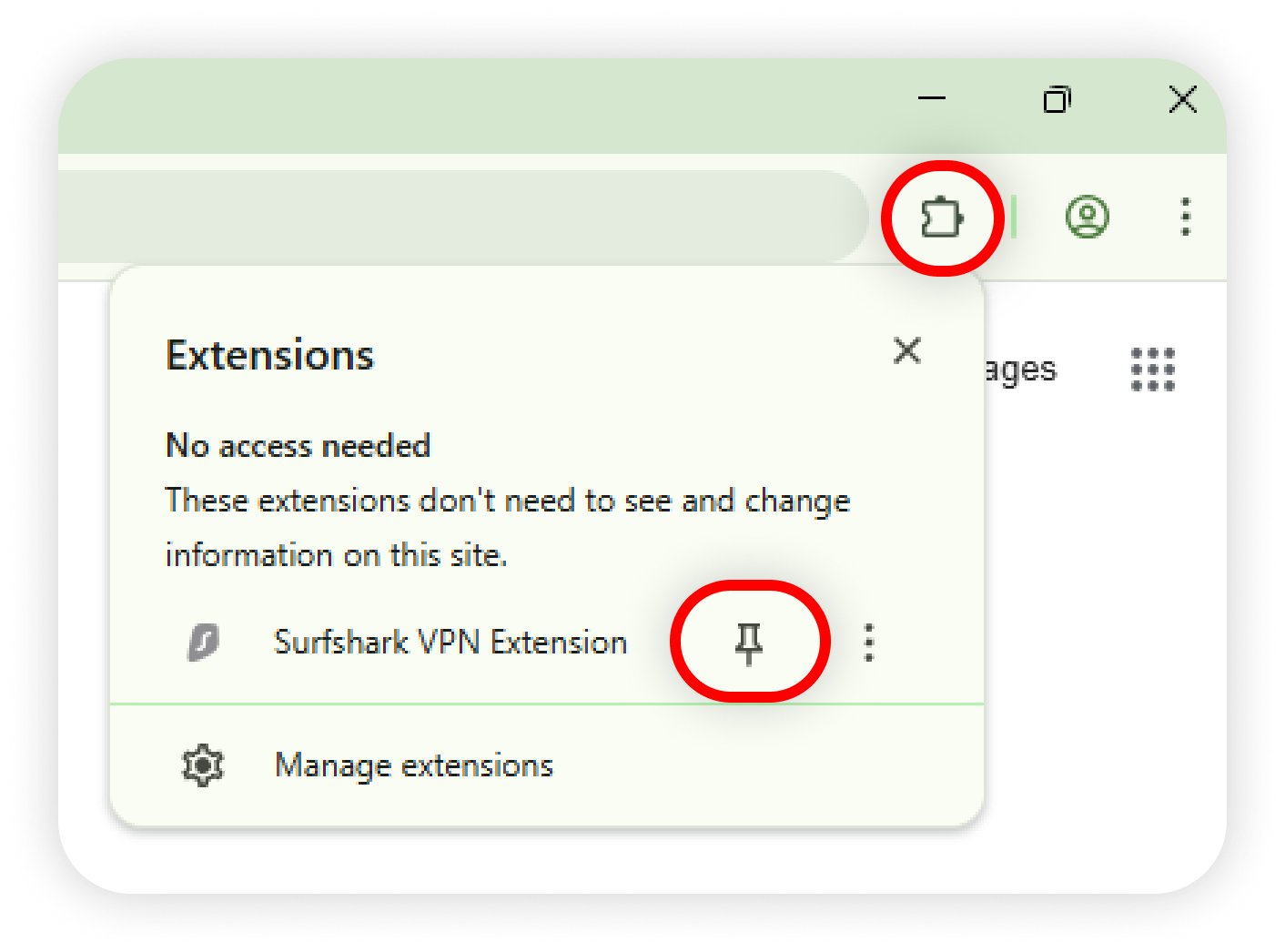 Surfshark Chrome Extension 安裝及使用教學:登入、連線及換地區(2026) 3 Chrome Extensions 選單釘選 Surfshark 官方截圖