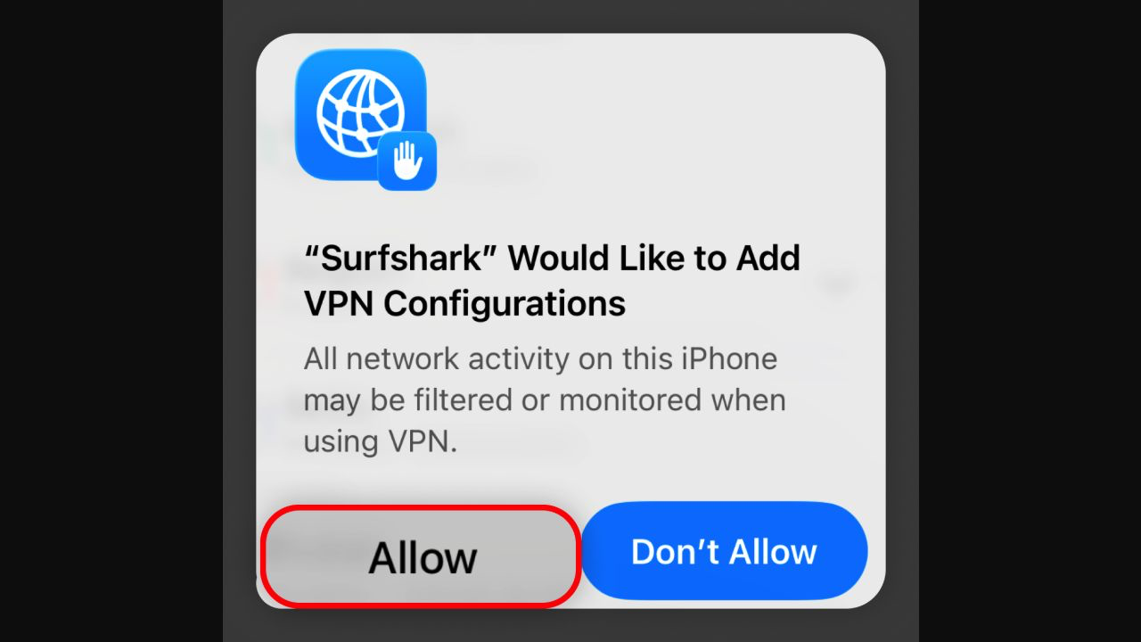 Surfshark iPhone/iPad 安裝及連線教學(2026) 4 iOS 允許 Surfshark 加入 VPN configurations 官方截圖
