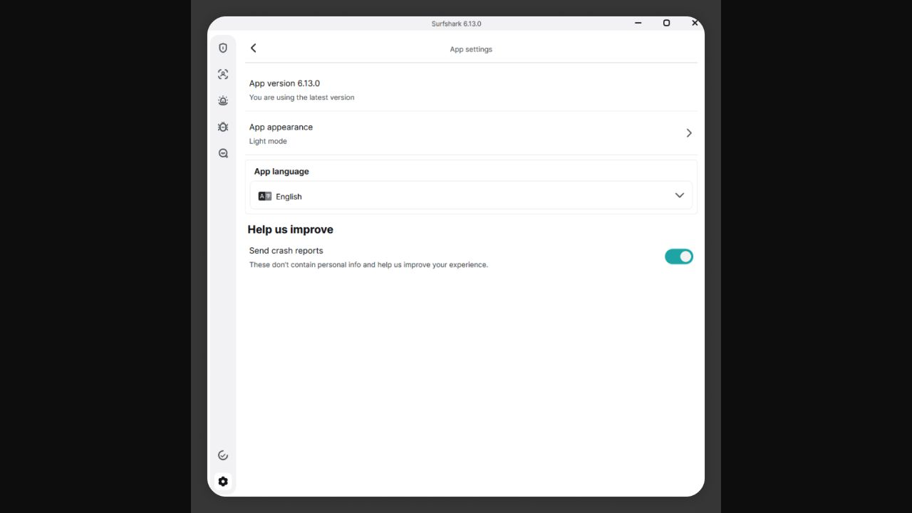 Surfshark Windows 使用教學:第一次連線及設定(2026) 6 Surfshark Windows App settings 語言及外觀真實截圖