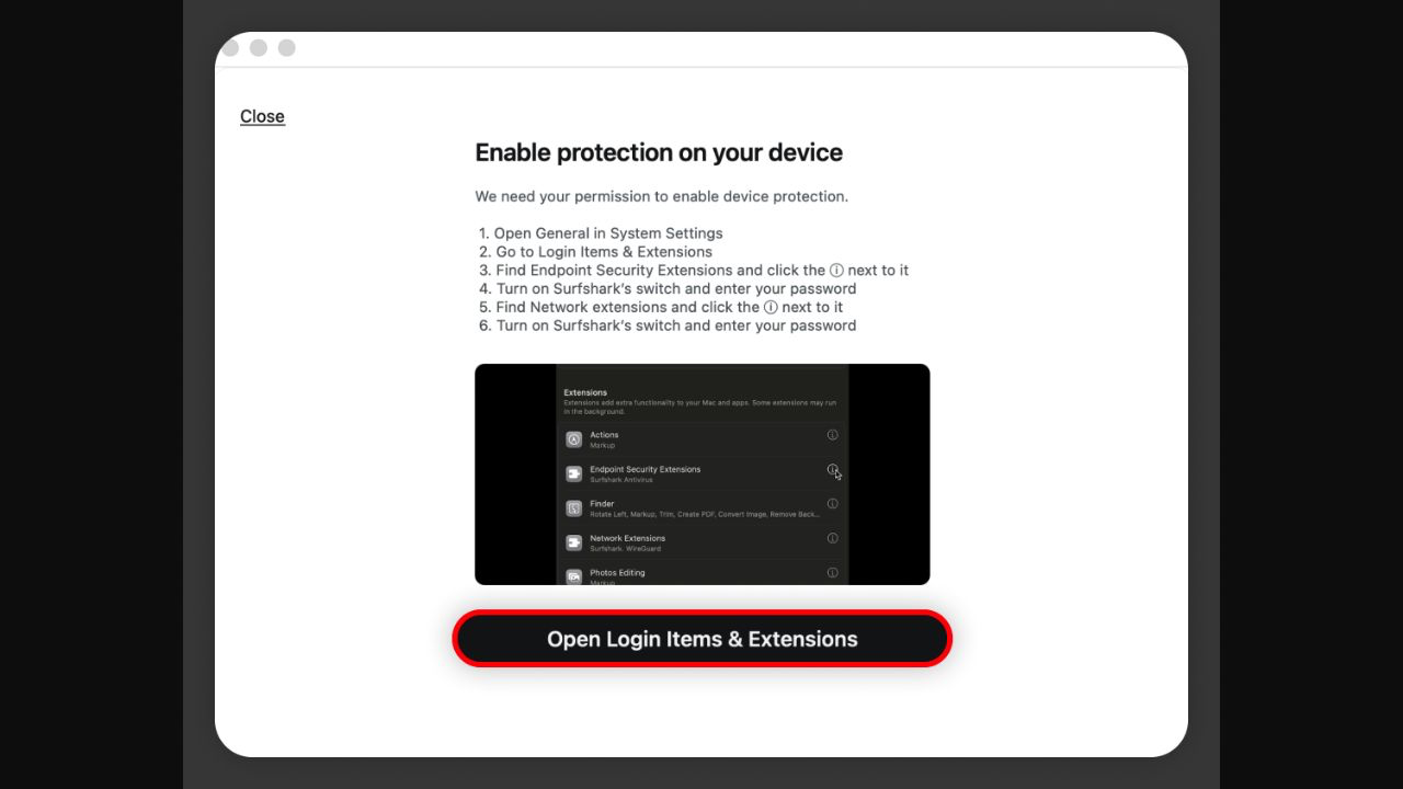 Surfshark Mac 下載安裝教學:macOS 完整步驟(2026) 5 Surfshark macOS Enable protection 權限設定真實截圖
