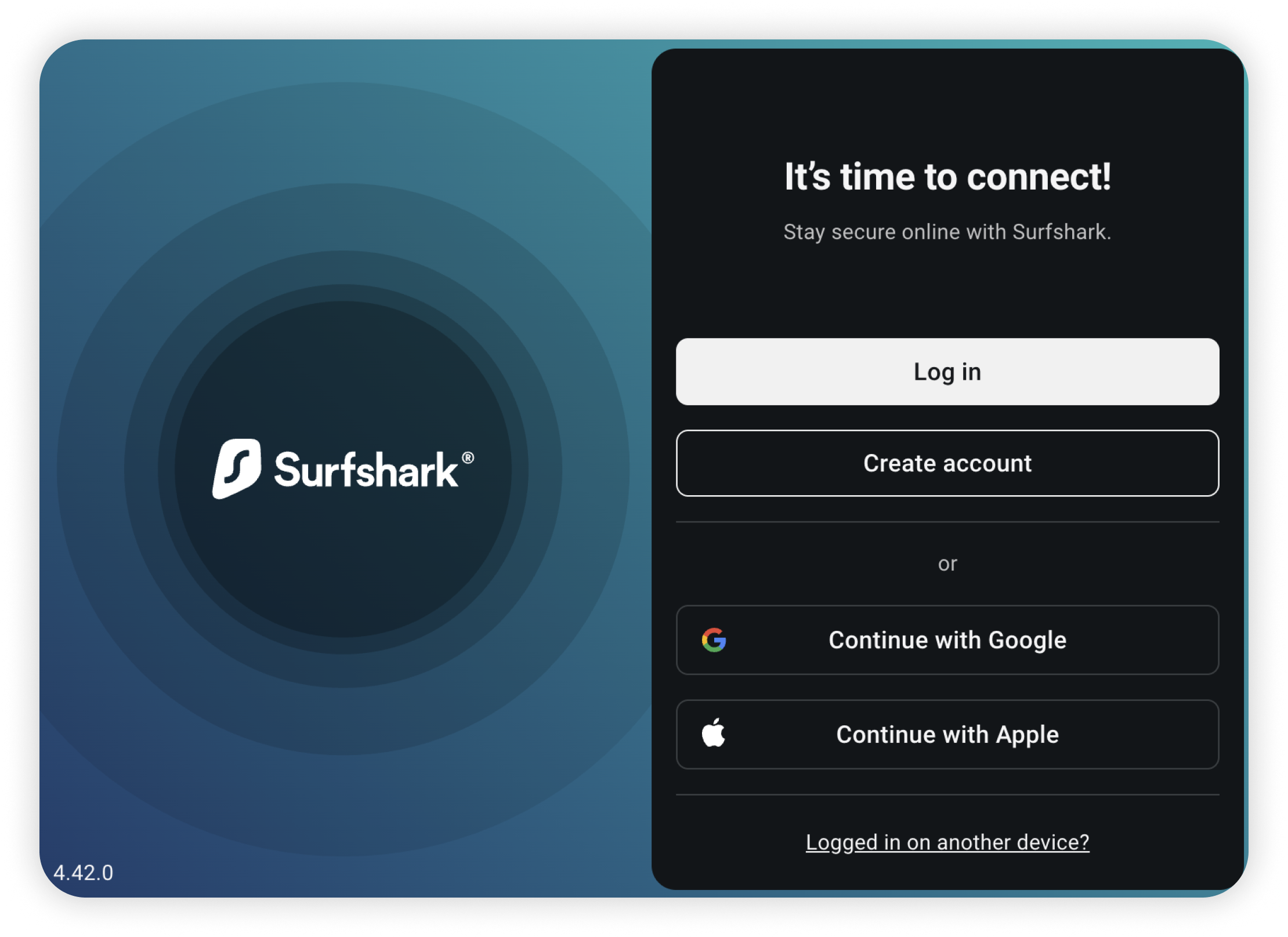 Surfshark 提供 Continue with Google 及 Continue with Apple 登入方式