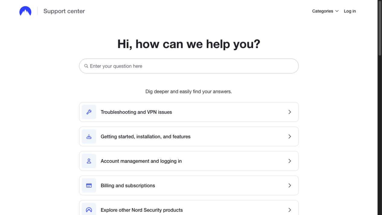 NordVPN 客服官方 Support Center 首頁