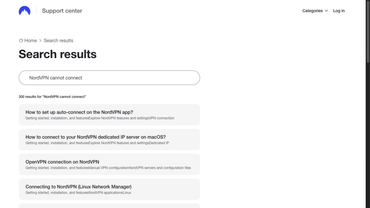 NordVPN 客服支援中心搜尋 cannot connect 結果