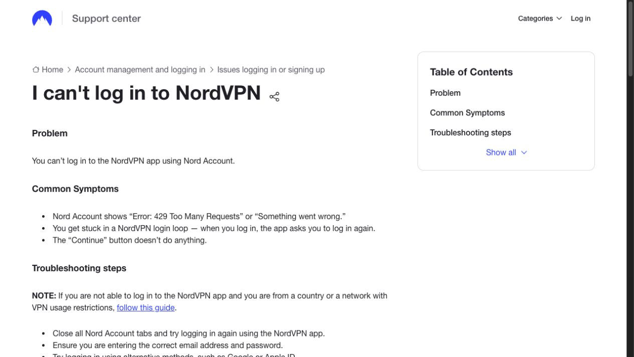 NordVPN 客服官方疑難排解文章內容