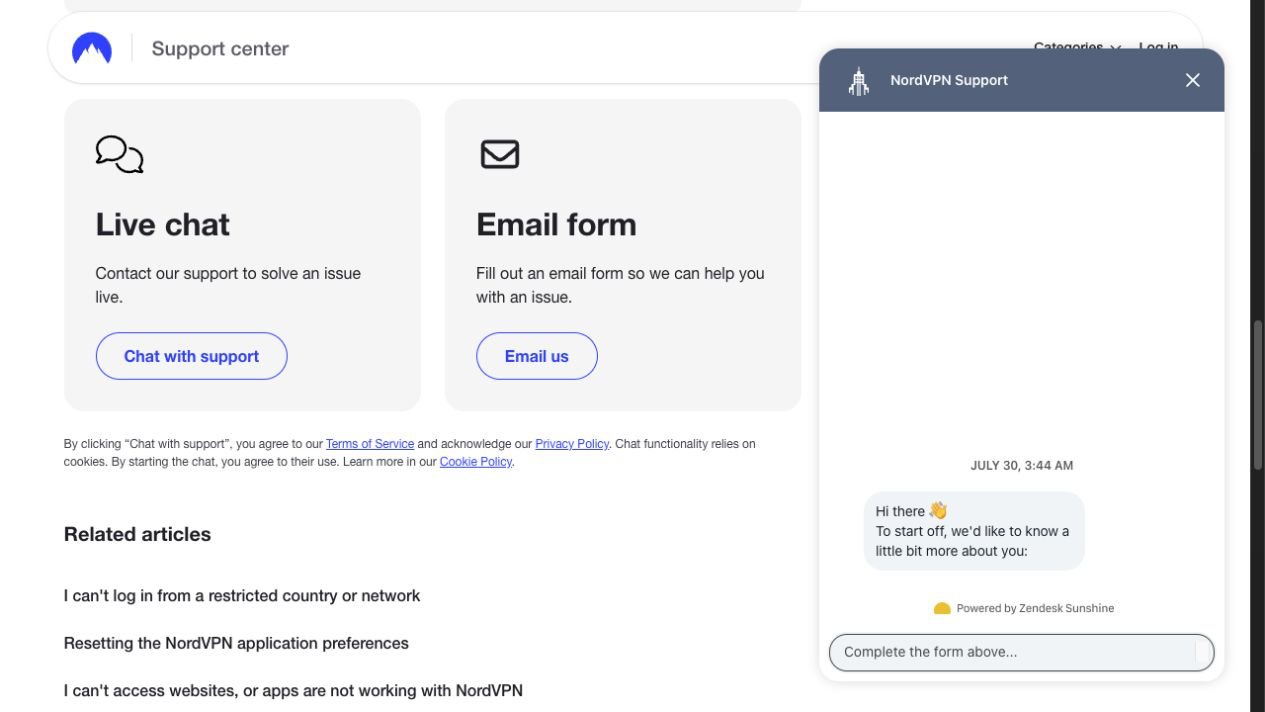 NordVPN 客服 Live Chat 官方視窗已開啟