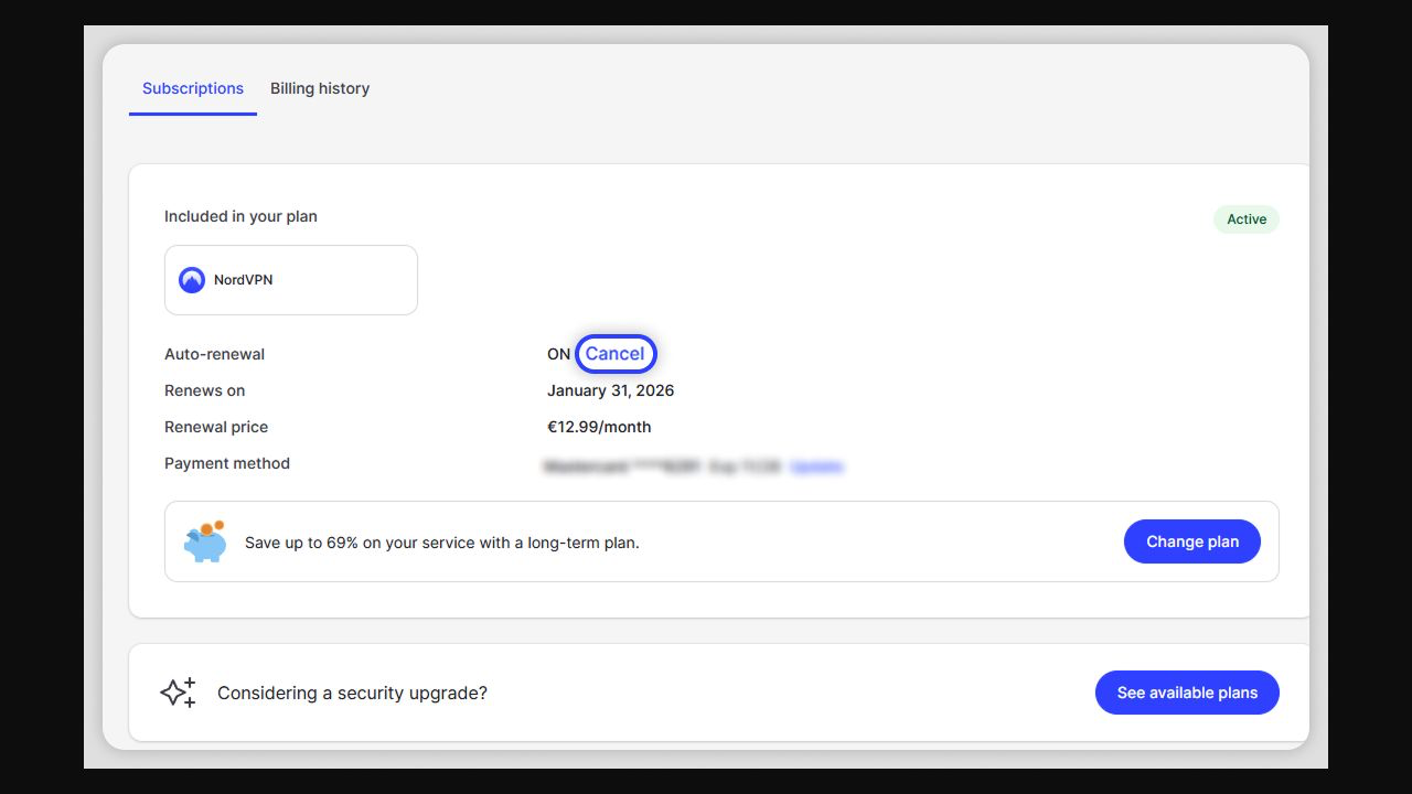 NordVPN Billing 頁在 Auto-renewal 旁按 Cancel