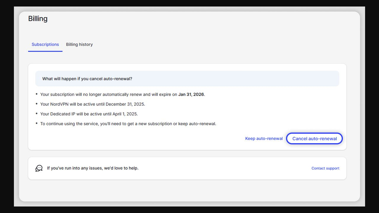 NordVPN 取消自動續費確認畫面 Cancel auto-renewal