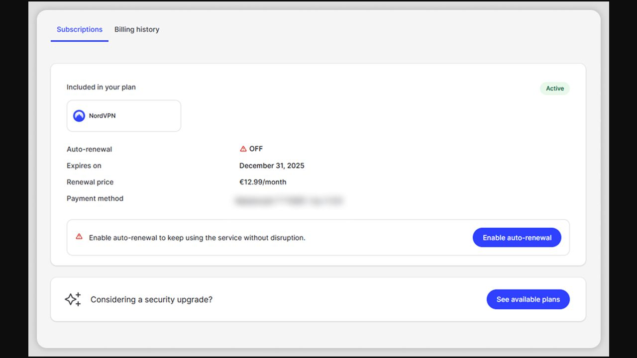 NordVPN 取消自動續費完成後顯示 Auto-renewal OFF