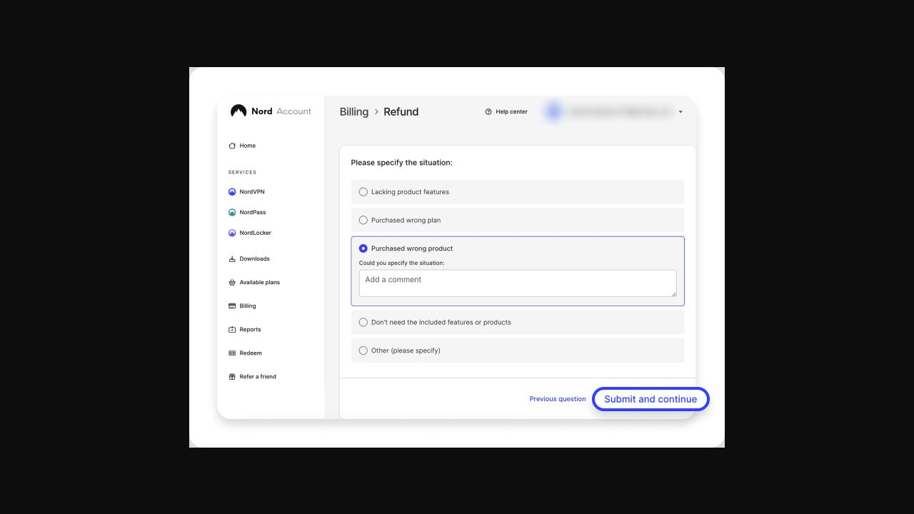 NordVPN 退款選擇原因並按 Submit and continue