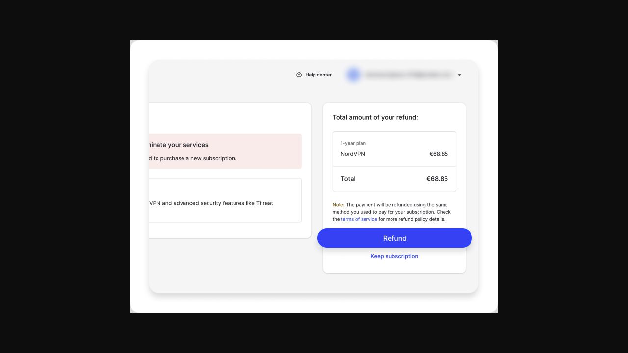 NordVPN 退款摘要確認金額及 Refund 按鈕