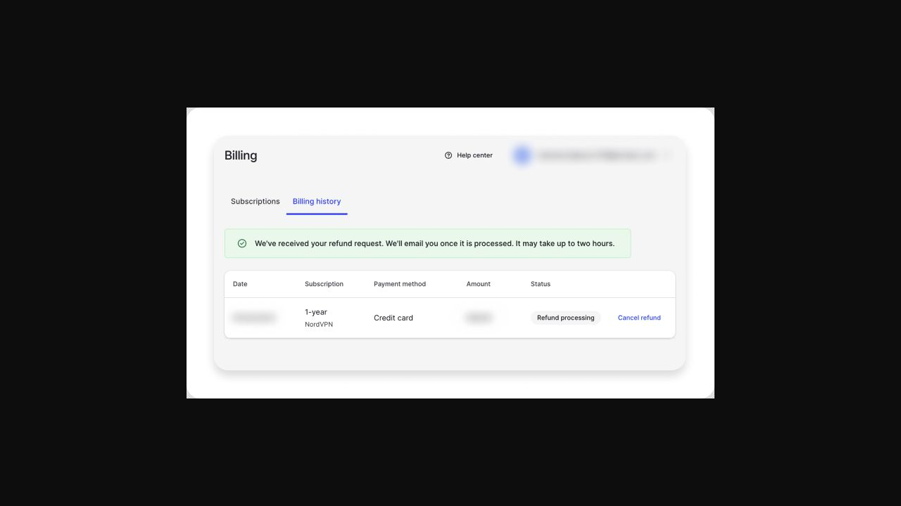 NordVPN 退款進度在 Billing history 顯示 Refund processing
