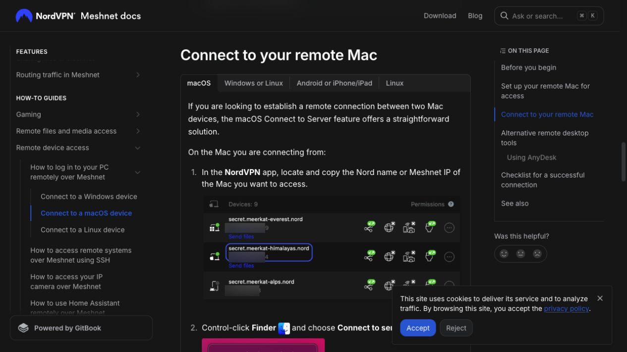NordVPN Meshnet 遙距存取使用 Finder Connect to Server