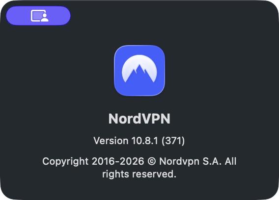 NordVPN Mac 版本號教學:查找組建編號、對照更新與客服資料 2 NordVPN Mac About 視窗,實際顯示 Version 10.8.1 及組建編號 371