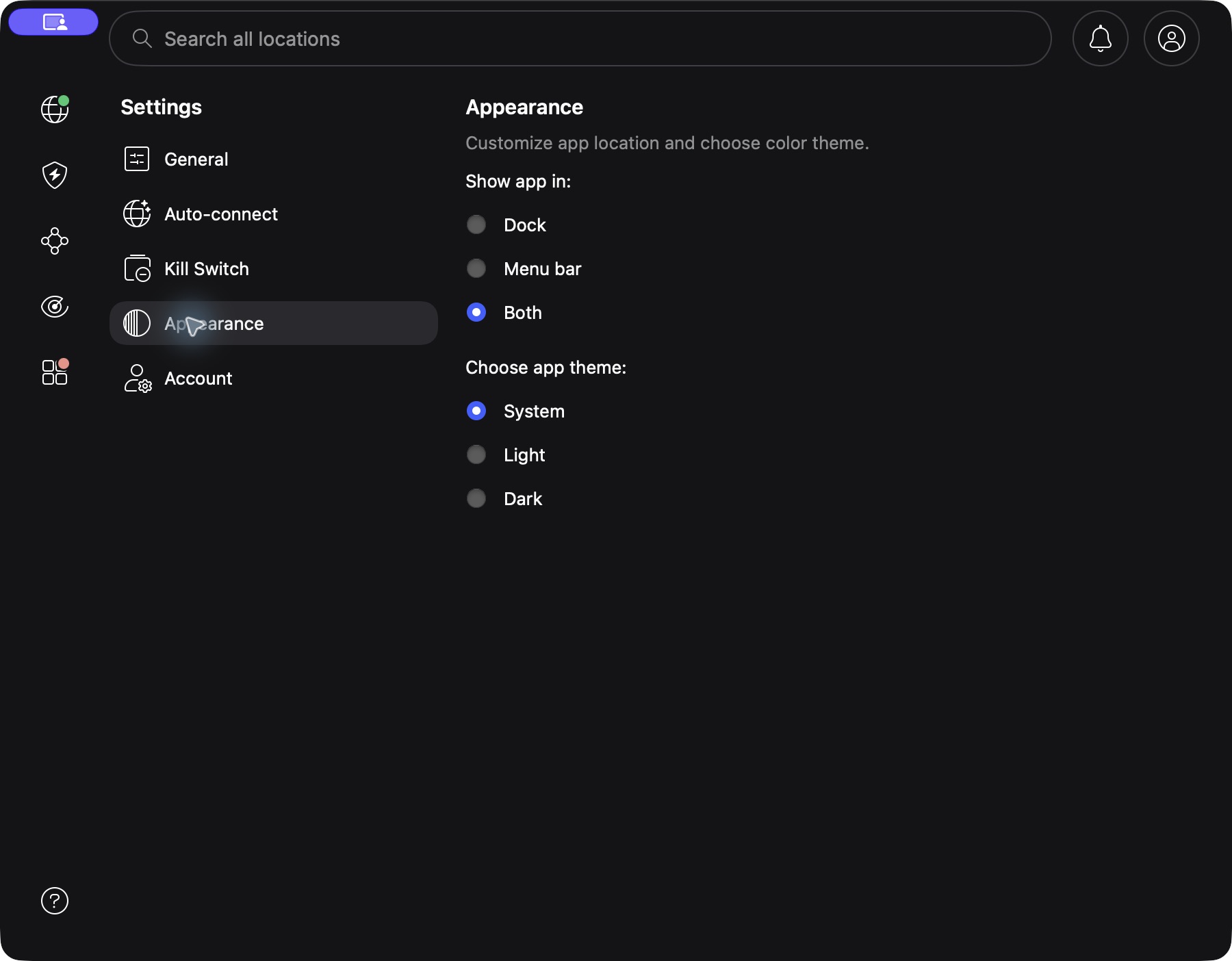 NordVPN Mac 外觀設定教學:深色模式、Dock 與選單列 3 NordVPN Mac Appearance 畫面,顯示 Dock、Menu bar、Both 及 System、Light、Dark 選項