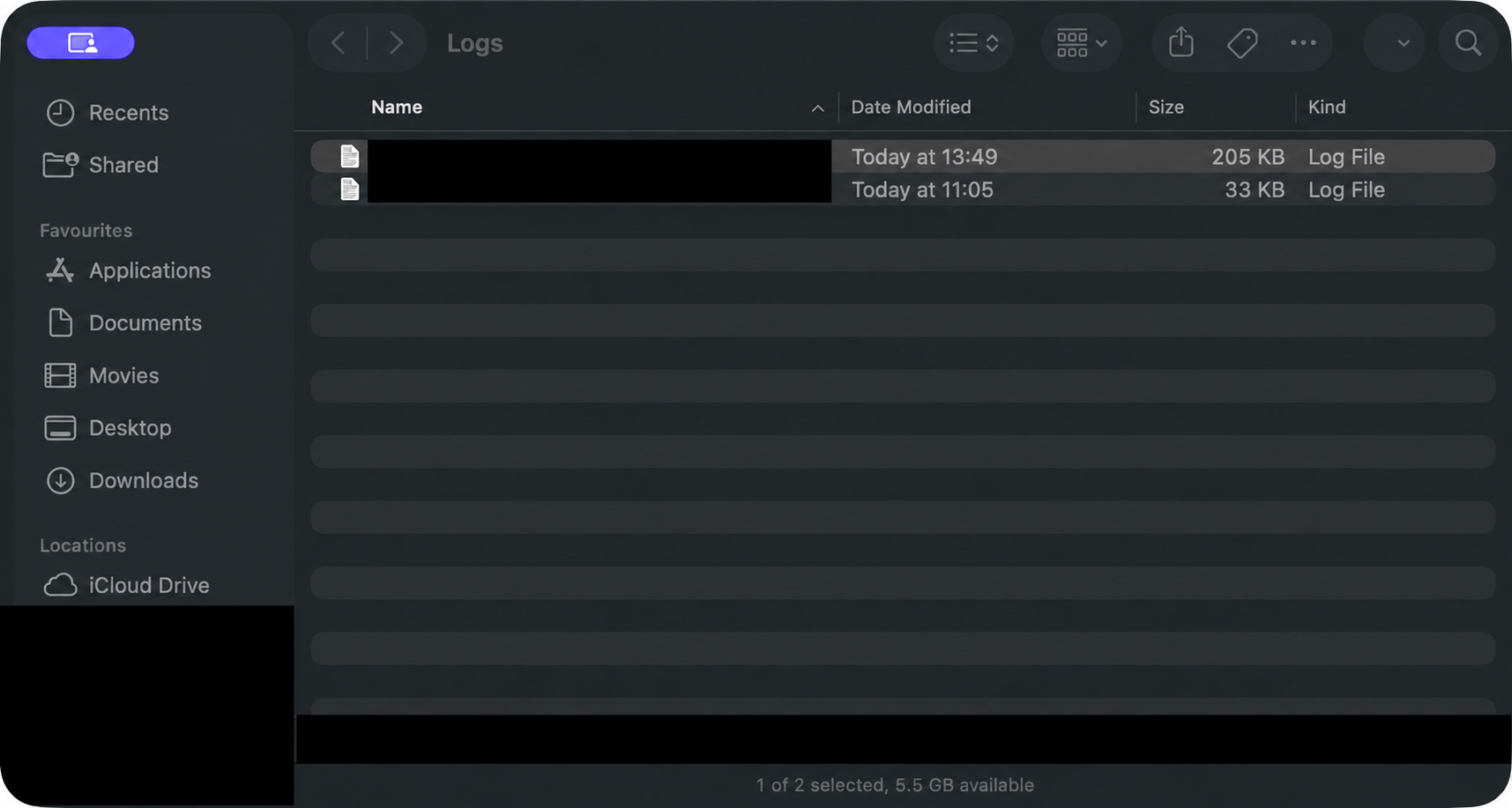 NordVPN Mac 診斷紀錄教學:Get logs 與最新檔案 4 NordVPN Get logs 後的 Finder 診斷檔列表,檔案名稱、私人磁碟及底部路徑已遮蔽
