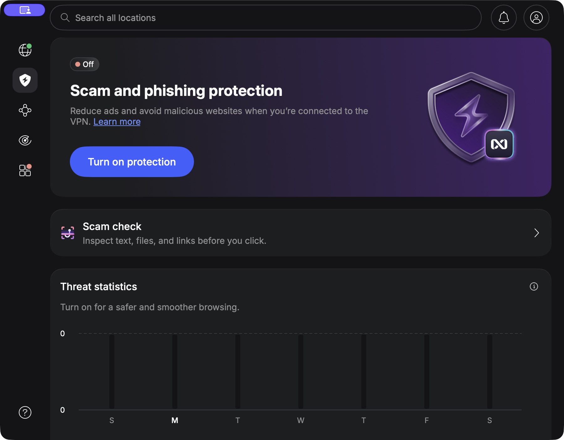 NordVPN Mac 防護面板顯示 Off，下面可見 Threat statistics 圖表入口