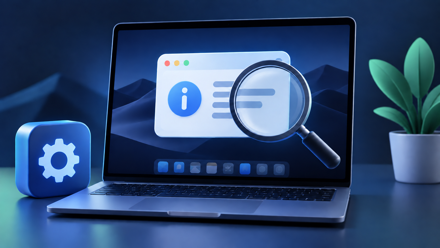 NordVPN Mac 版本號教學:查找組建編號、對照更新與客服資料 1 放大鏡檢查電腦上的抽象資訊卡,旁有中立齒輪圖示,示意查看 App 版本資料