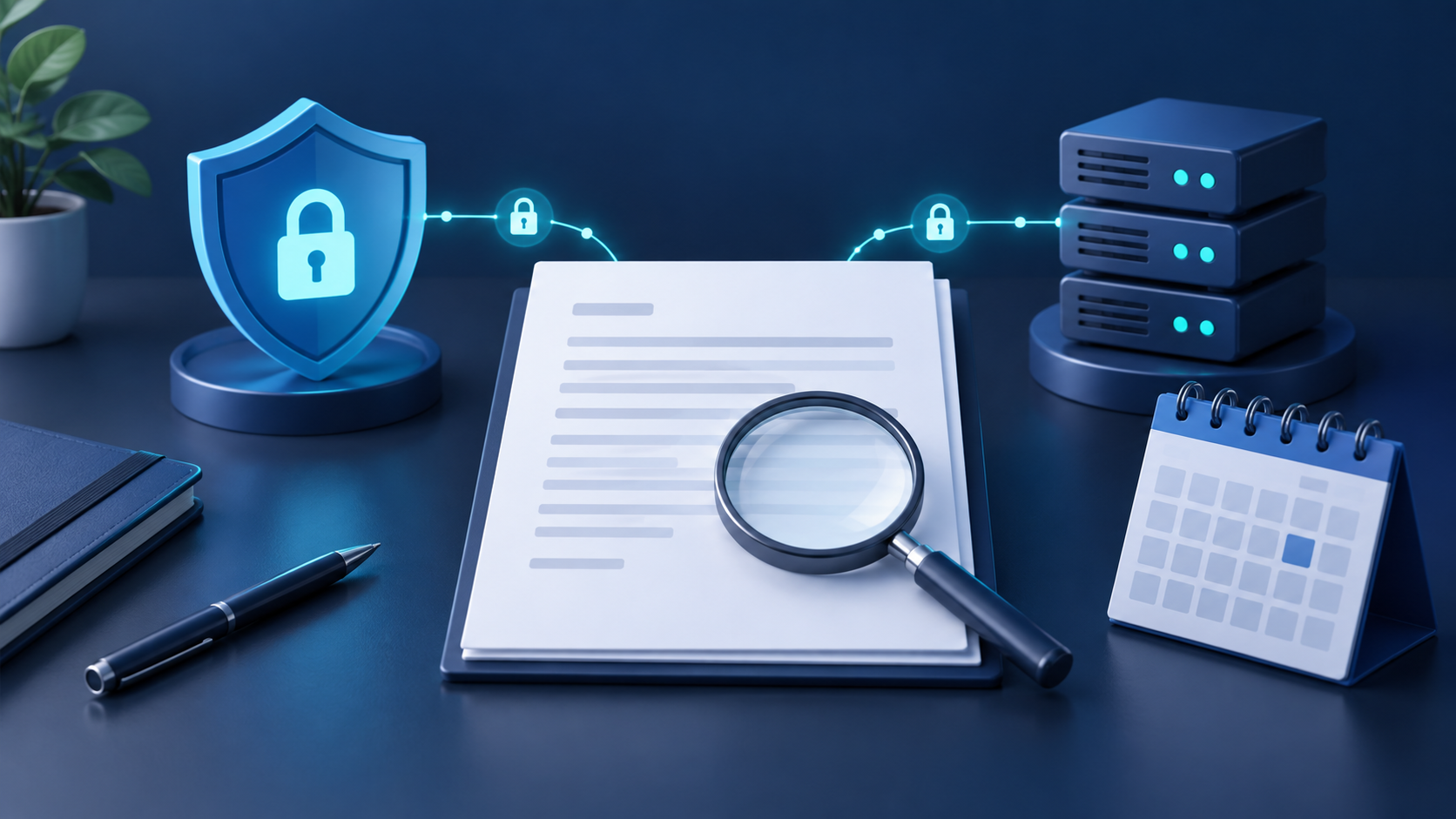 NordVPN 無日誌審計怎樣看:日期、範圍與私隱政策(2026) 1 放大鏡檢查空白文件,旁邊有日曆、私隱盾牌及伺服器,示意無日誌評估證據