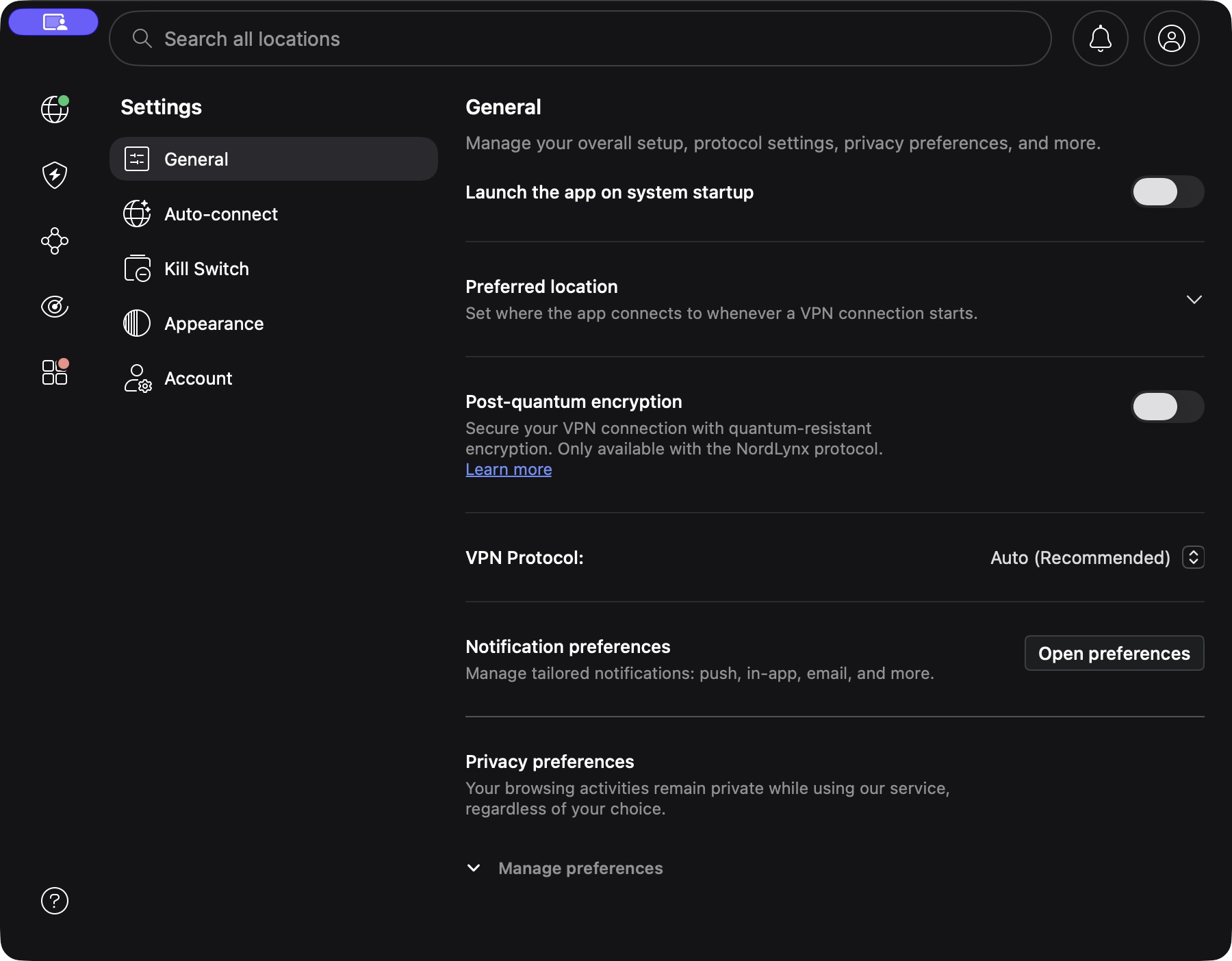NordVPN Mac 通知教學:查看面板、推廣與連線提示 2 NordVPN Mac General 實際畫面,右上有通知鈴鐺,下方可見 Notification preferences 與 Open preferences