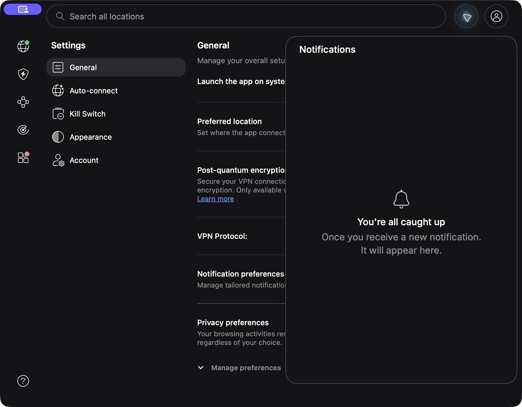 NordVPN Mac 通知教學:查看面板、推廣與連線提示 3 NordVPN Mac 通知面板實際空白狀態,顯示 Notifications 及 You're all caught up