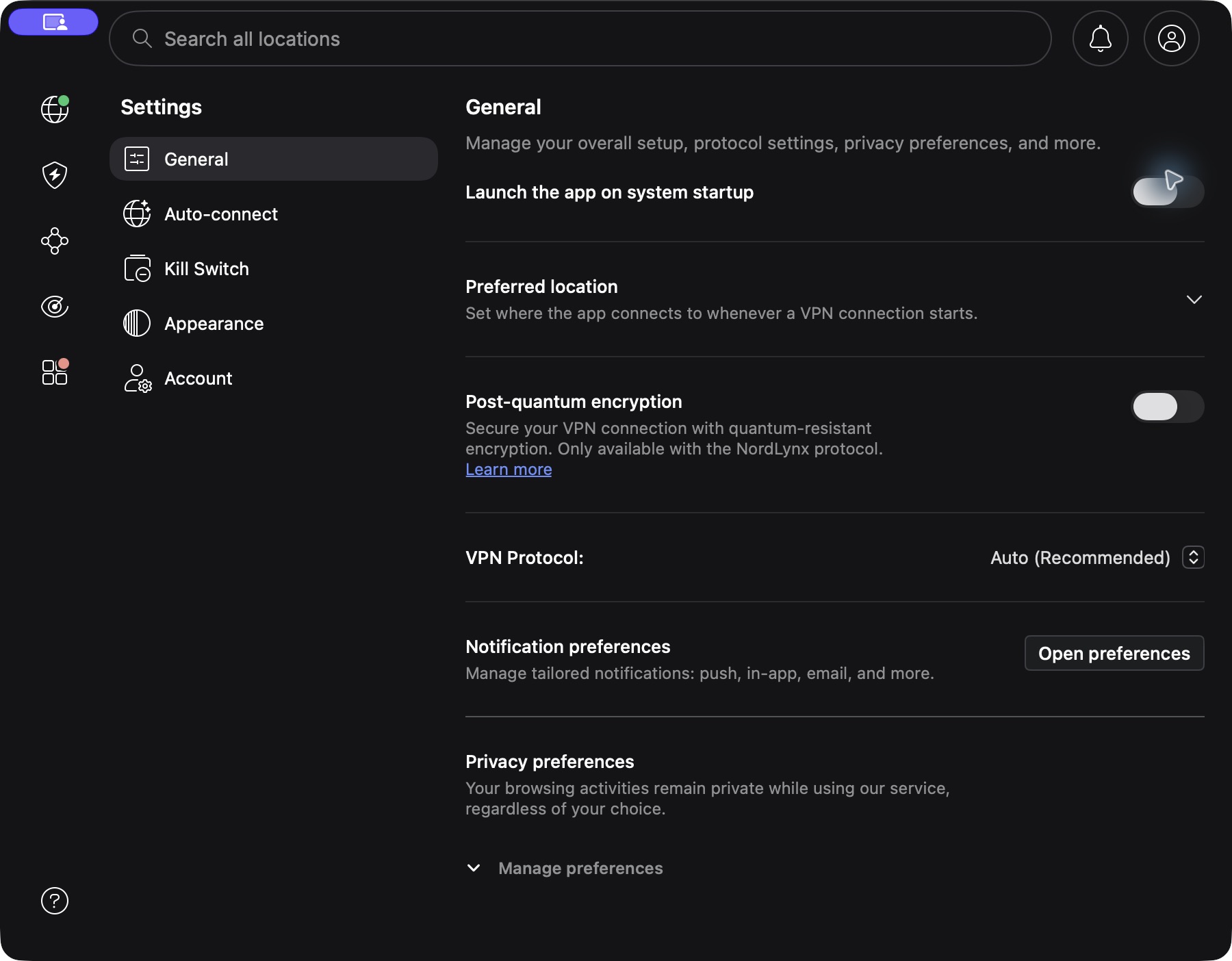 NordVPN 後量子加密 Mac 教學:開啟位置、NordLynx 與相容限制 2 NordVPN Mac General 設定中的 Post-quantum encryption 開關位置,截圖為開啟前狀態