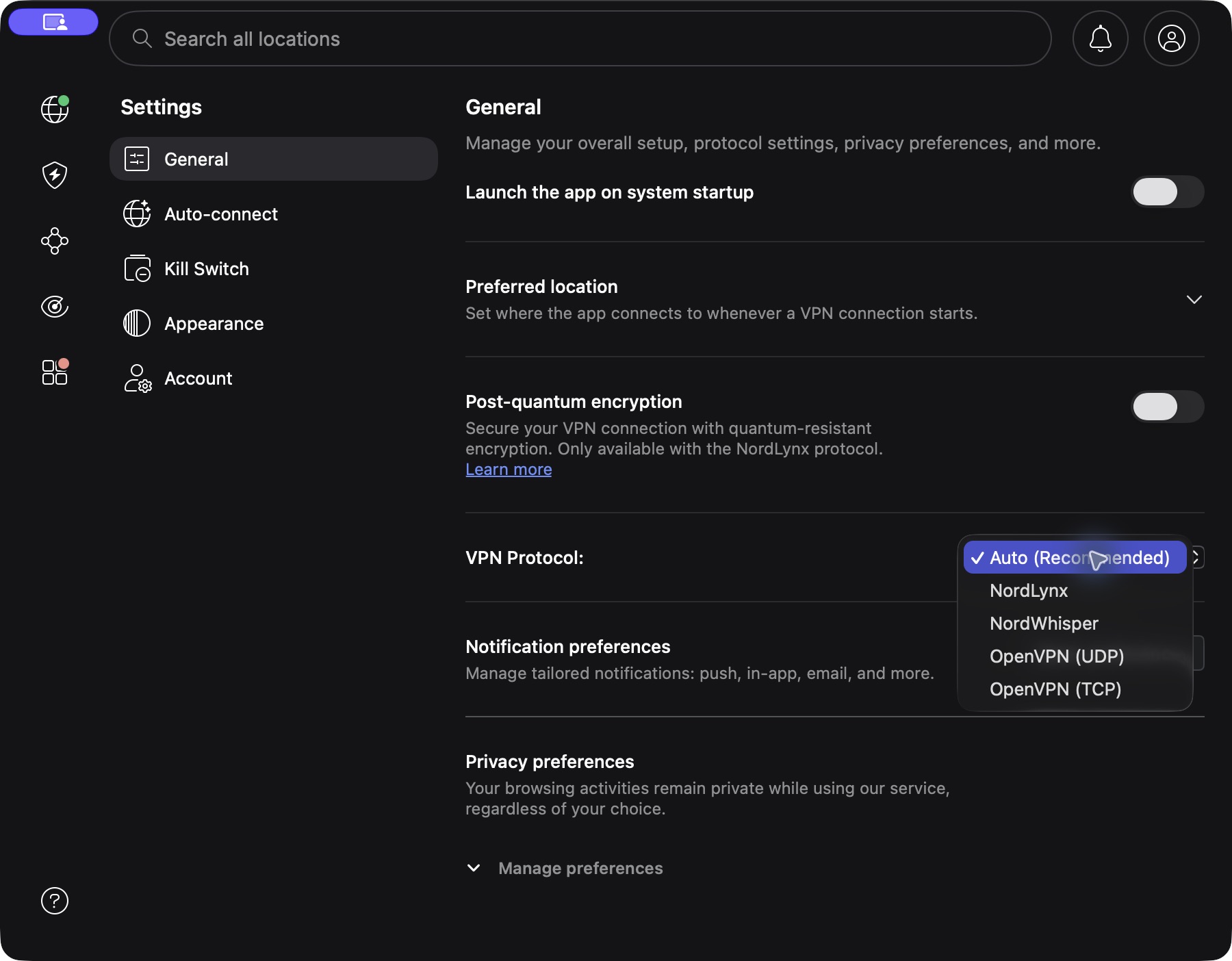 NordVPN 後量子加密 Mac 教學:開啟位置、NordLynx 與相容限制 3 NordVPN Mac VPN Protocol 選單,顯示 NordLynx、NordWhisper 及 OpenVPN 選項