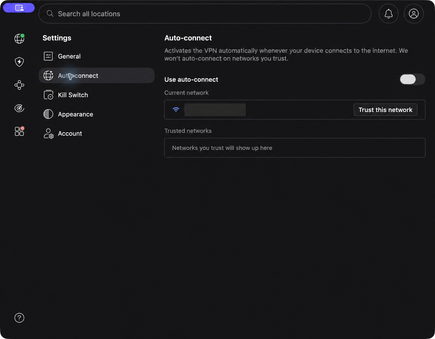 NordVPN Mac Auto-connect 設定頁，Use auto-connect 關閉，私人 Wi-Fi 名稱已遮蔽