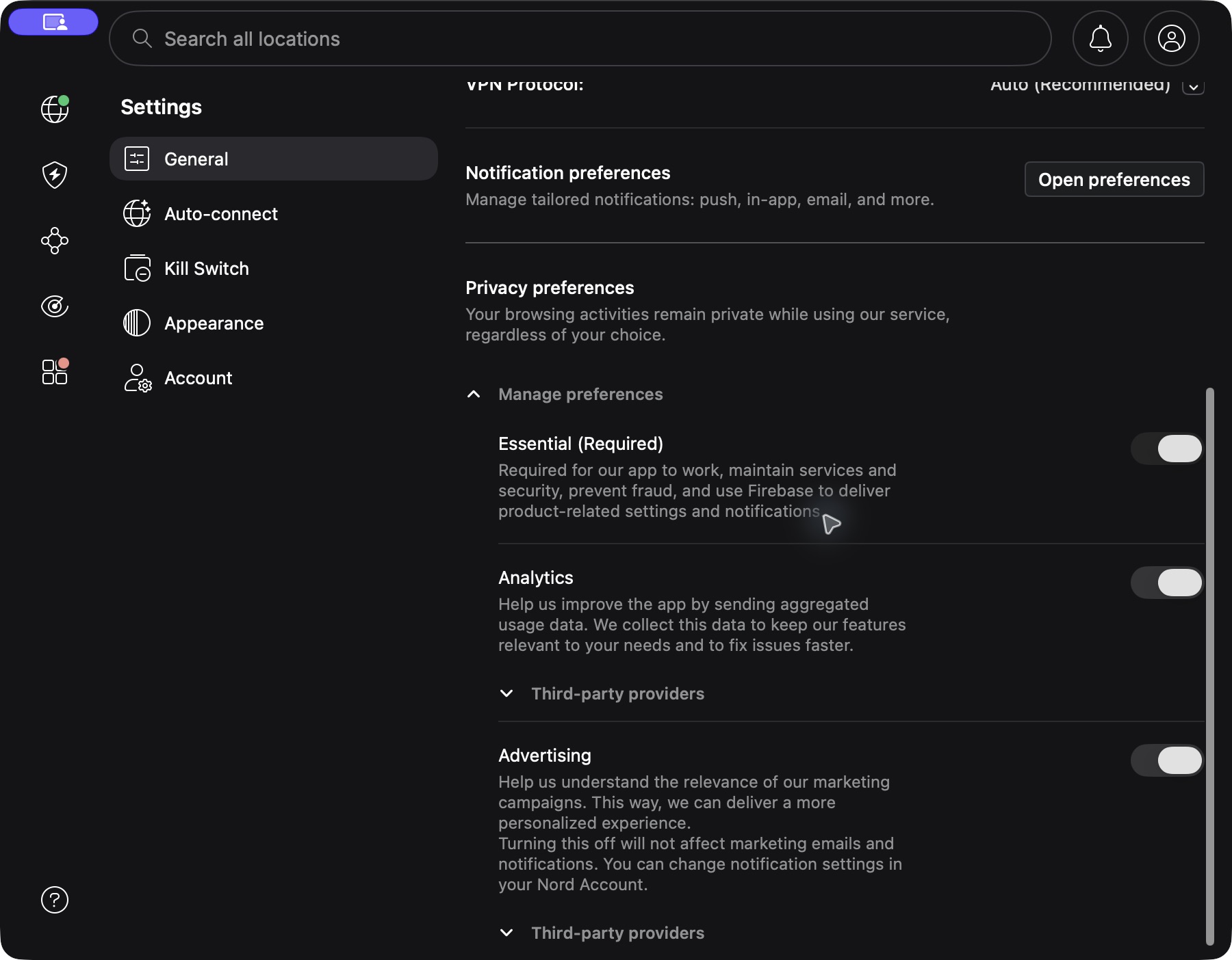 NordVPN Mac 私隱偏好教學:Analytics、Advertising 與第三方清單 3 NordVPN Mac 私隱偏好展開後,列出 Essential Required、Analytics 及 Advertising 三類資料
