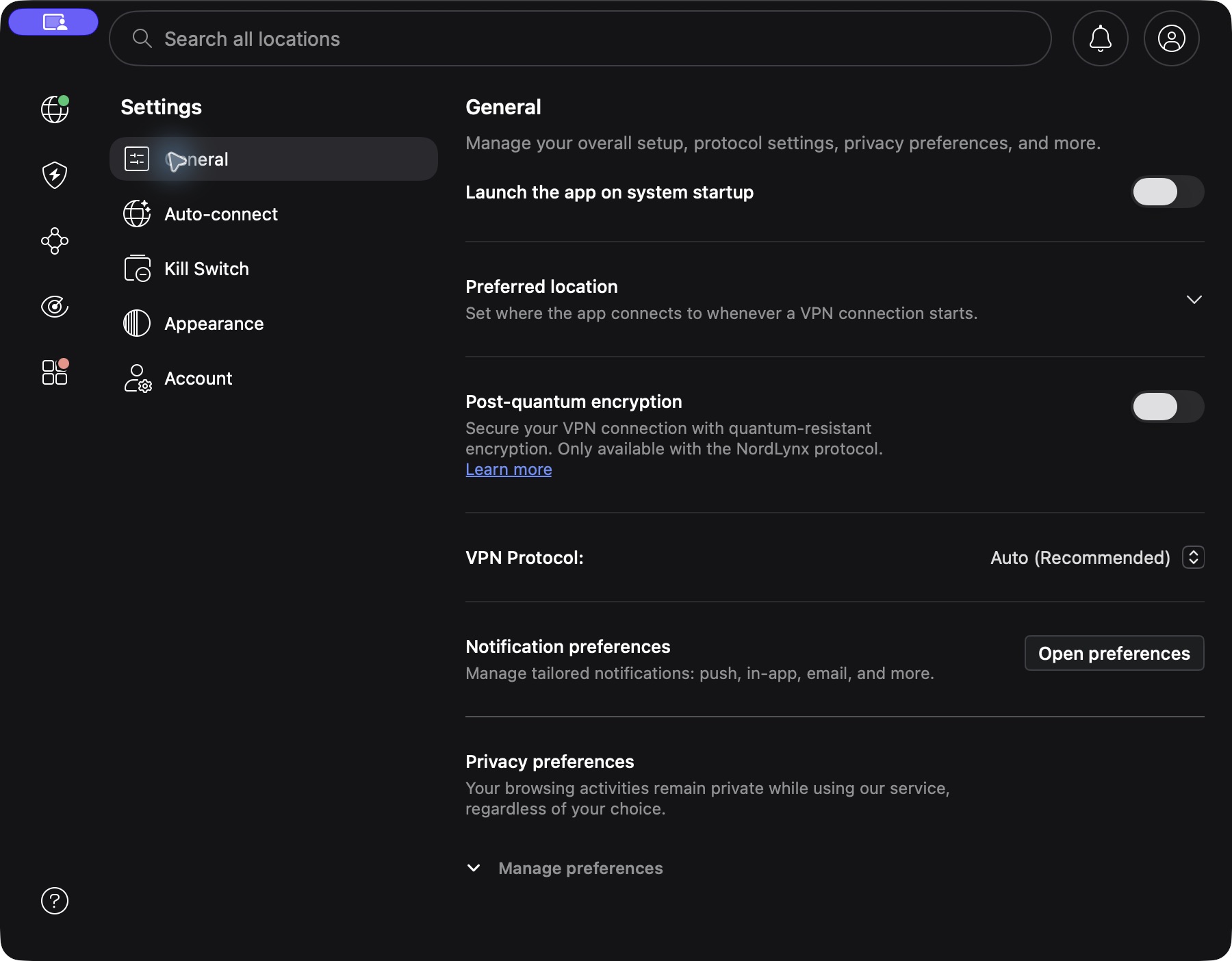 NordVPN Mac 私隱偏好教學:Analytics、Advertising 與第三方清單 2 NordVPN Mac General 設定頁,下方有 Privacy preferences 及 Manage preferences 入口