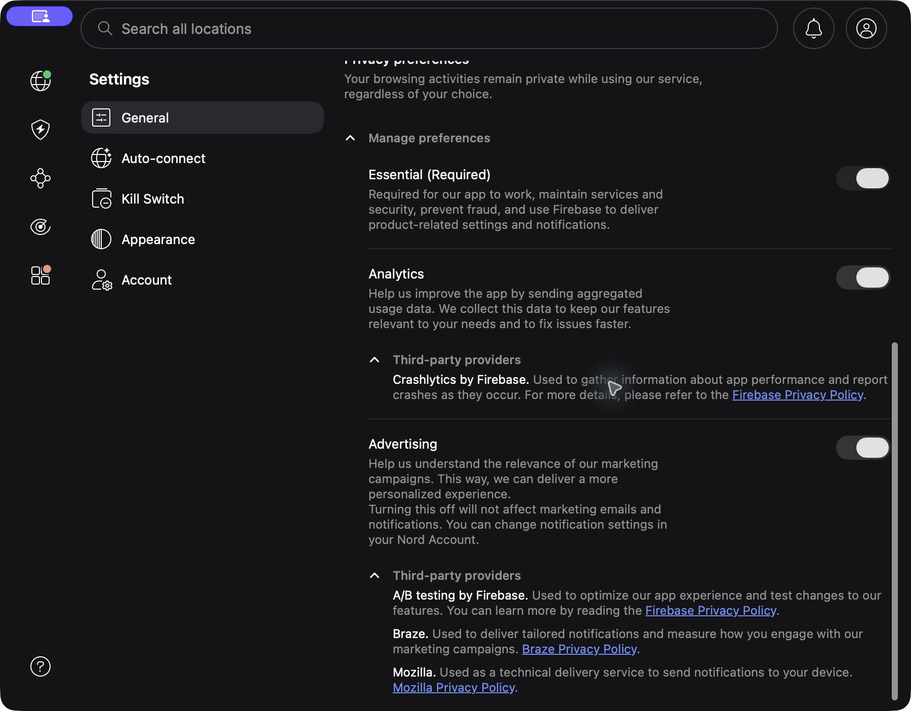 NordVPN Mac 私隱偏好教學:Analytics、Advertising 與第三方清單 4 NordVPN Mac 私隱偏好第三方清單,顯示 Firebase Crashlytics、Firebase A/B testing、Braze 和 Mozilla 說明